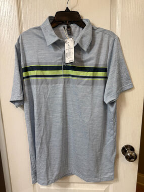Adidas Men's Golf Polo Size Large Light Blue With Navy And Lime Stripe Detail
